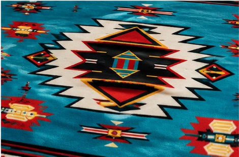 Turquoise Southwestern Geometric Luxury Plush Blanket – Colorful Tribal-Inspired Bedding
