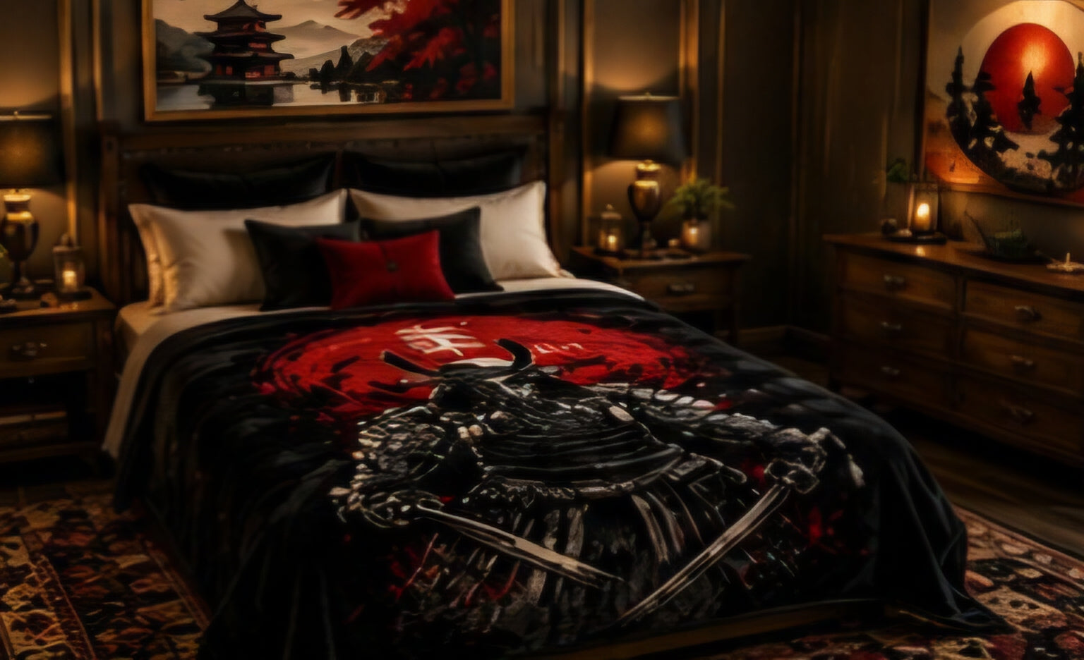 Crimson Samurai Warrior Japanese Luxury Plush Blanket