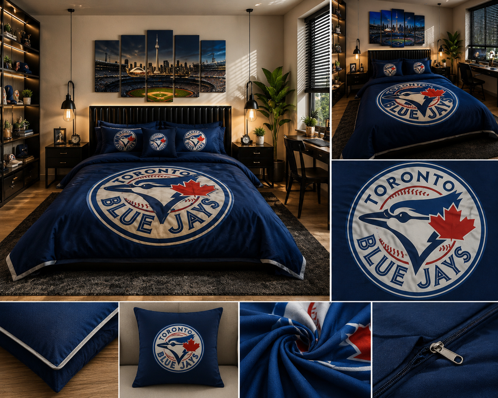 Toronto Blue Jays Inspired Navy Blue Luxury Plush Blanket – Baseball Fan Bedroom Bedding