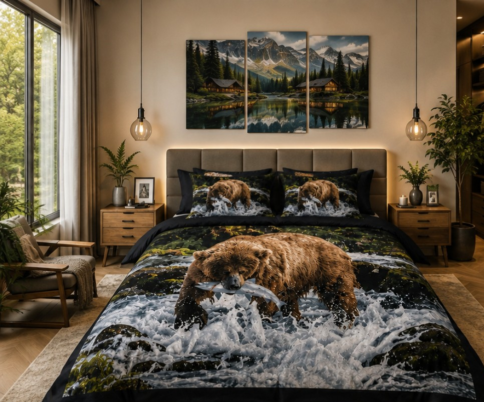Grizzly Bear Fishing in Mountain River Luxury Plush Blanket – Rustic Wildlife Nature Bedding