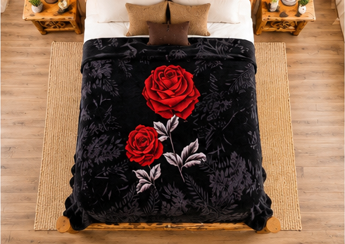 Black & Red Rose Floral Luxury Plush Blanket