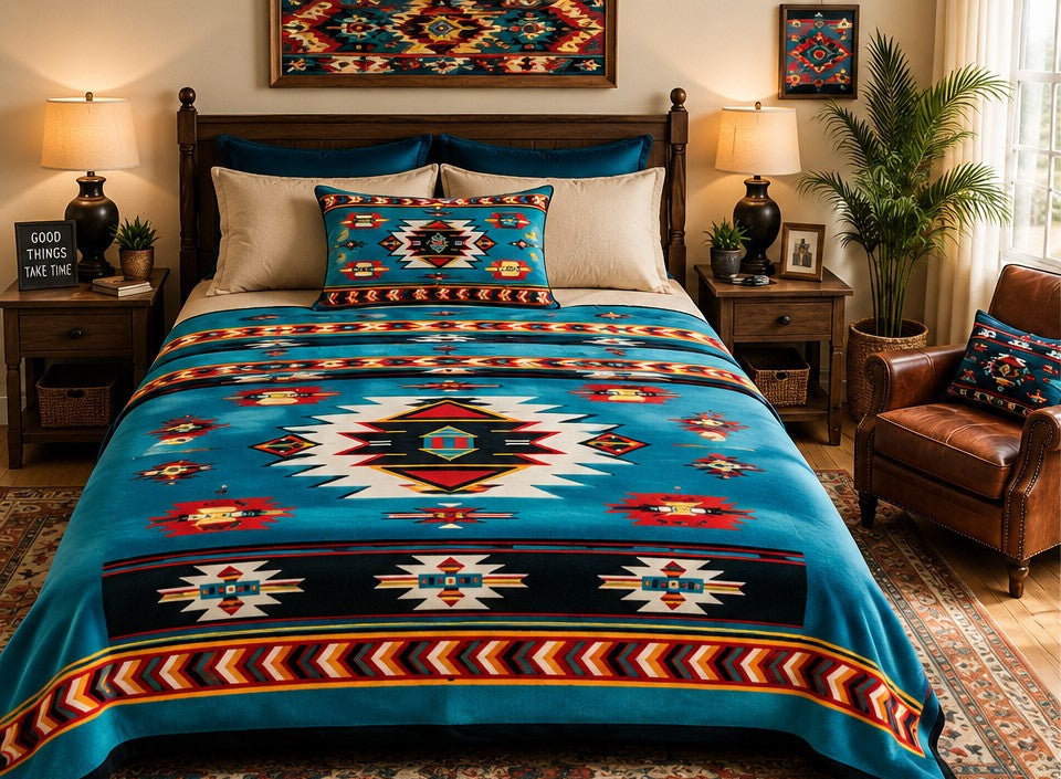 Turquoise Southwestern Geometric Luxury Plush Blanket – Colorful Tribal-Inspired Bedding