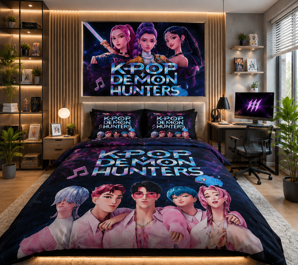 K-Pop Demon Hunters Inspired Luxury Plush Blanket – Neon Anime Music Fantasy Bedding