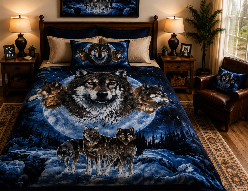 Majestic Wolf Pack Full Moon Luxury Plush Blanket – Blue Night Wildlife Bedding