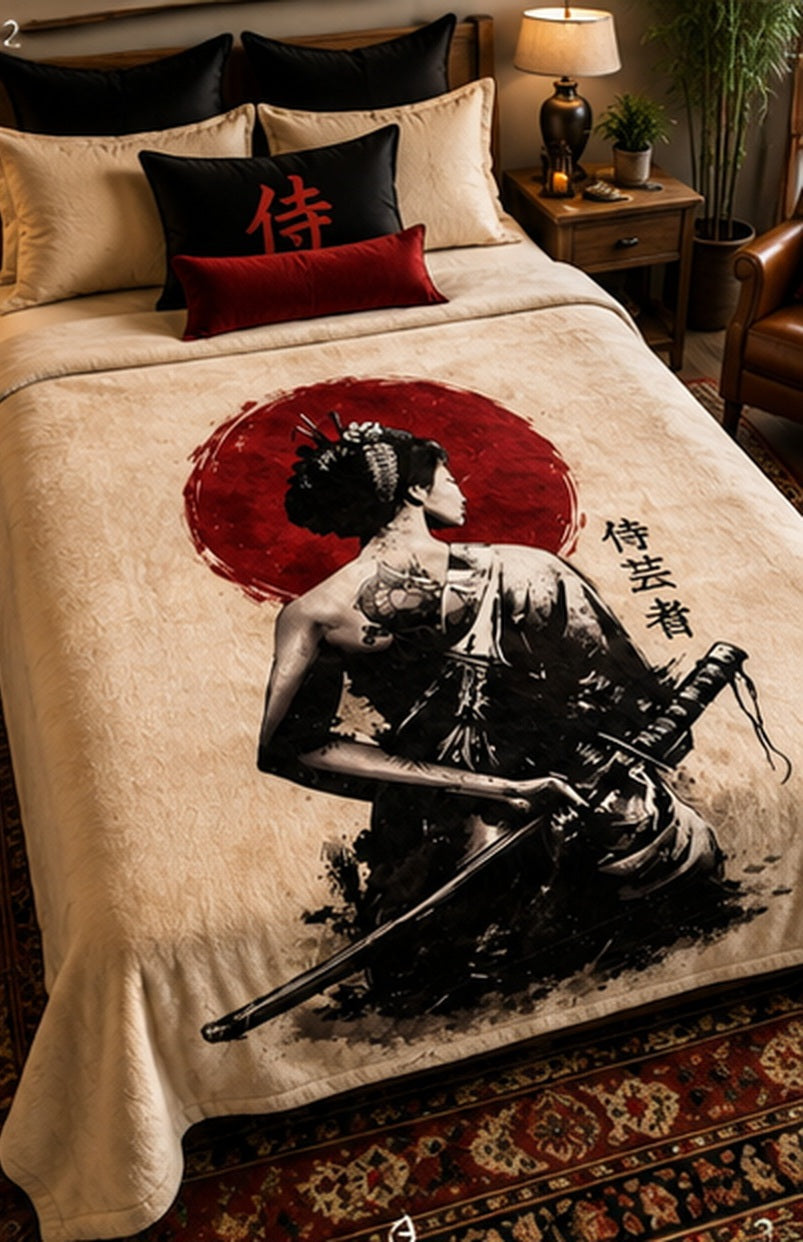 Japanese Samurai Red Sun Luxury Plush Blanket