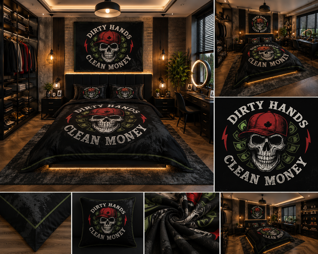 Dirty Hands Clean Money Skull Luxury Plush Blanket – Black Red & Green Urban Gothic Bedding