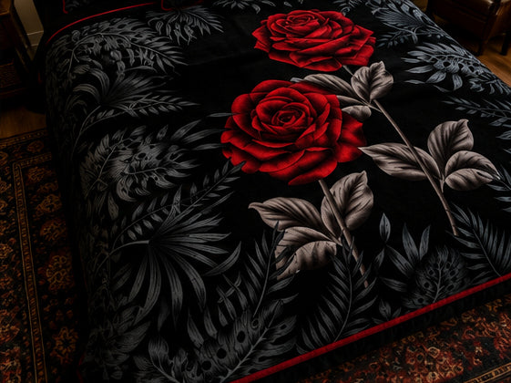 Black & Red Rose Floral Luxury Plush Blanket – Elegant Gothic Botanical Bedding