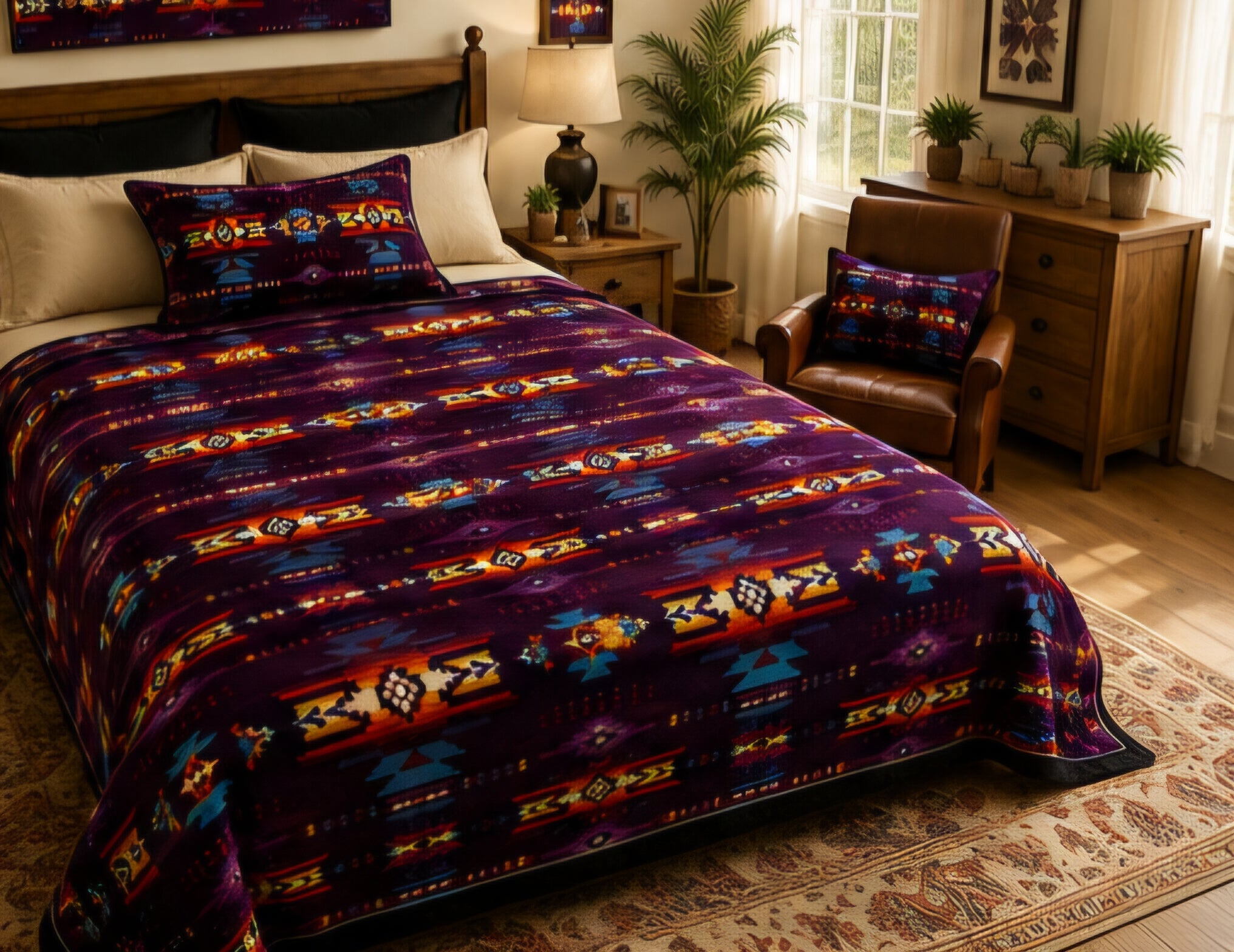Purple Southwestern Geometric Luxury Plush Blanket – Colorful Tribal-Inspired Design