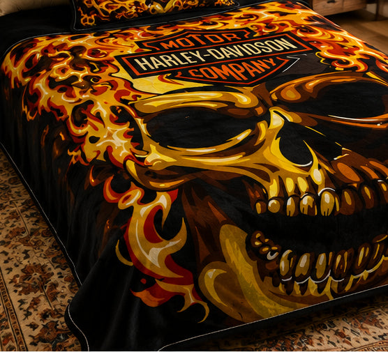 Flaming Biker Skull Motorcycle Luxury Plush Blanket – Black & Orange Design