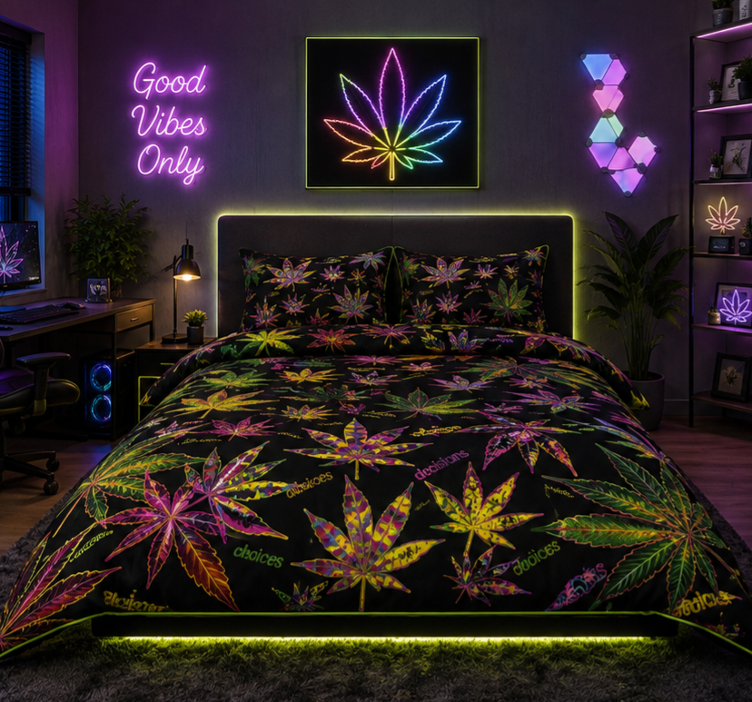 Neon Cannabis Leaf Comforter Set – Colorful Black Psychedelic Bedding