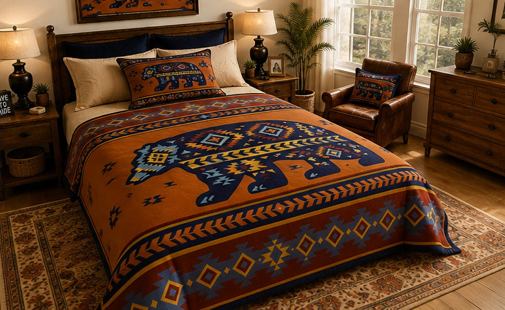 Southwestern Bear Geometric Luxury Plush Blanket – Rustic Tribal-Inspired Design