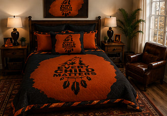 Every Child Matters Orange & Black Indigenous-Inspired Plush Blanket – Meaningful Wolf & Dreamcatcher Design
