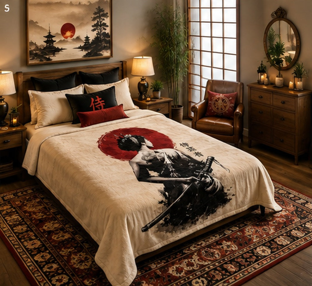 Japanese Samurai Red Sun Luxury Plush Blanket