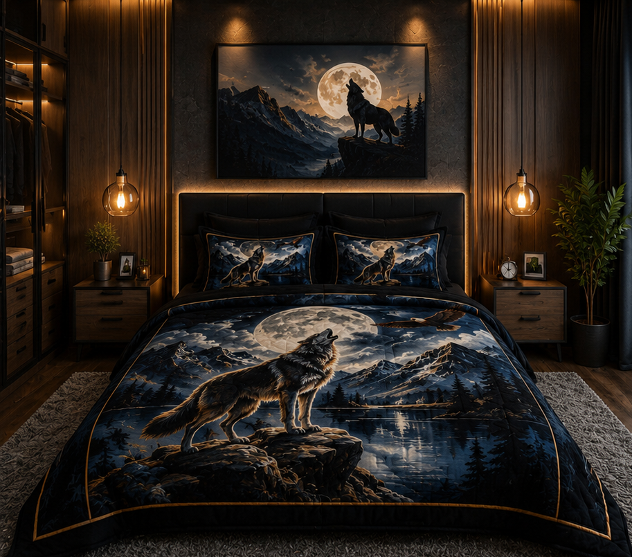 Majestic Wolf Under Full Moon Mountain Night Luxury Plush Blanket – Dark Blue Wildlife Bedding