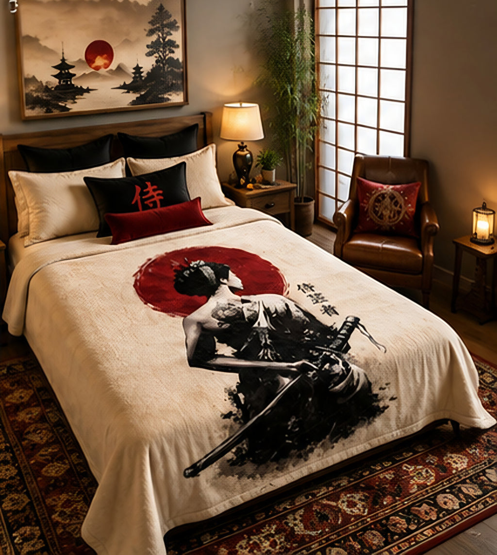 Japanese Samurai Red Sun Luxury Plush Blanket