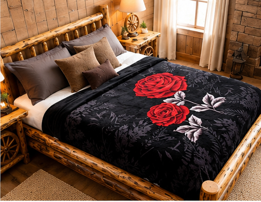 Black & Red Rose Floral Luxury Plush Blanket