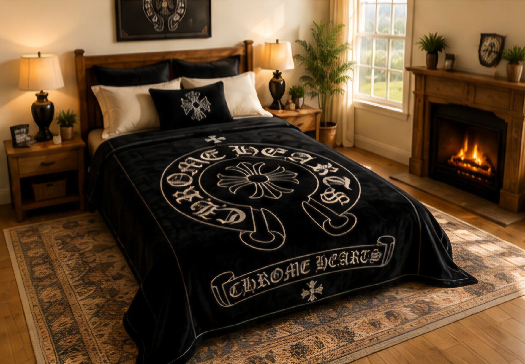 Black Gothic Cross Luxury Plush Blanket – Chrome Hearts Inspired Design