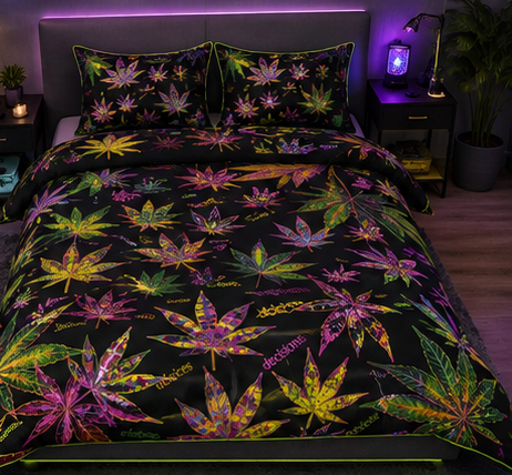 Neon Cannabis Leaf Comforter Set – Colorful Black Psychedelic Bedding