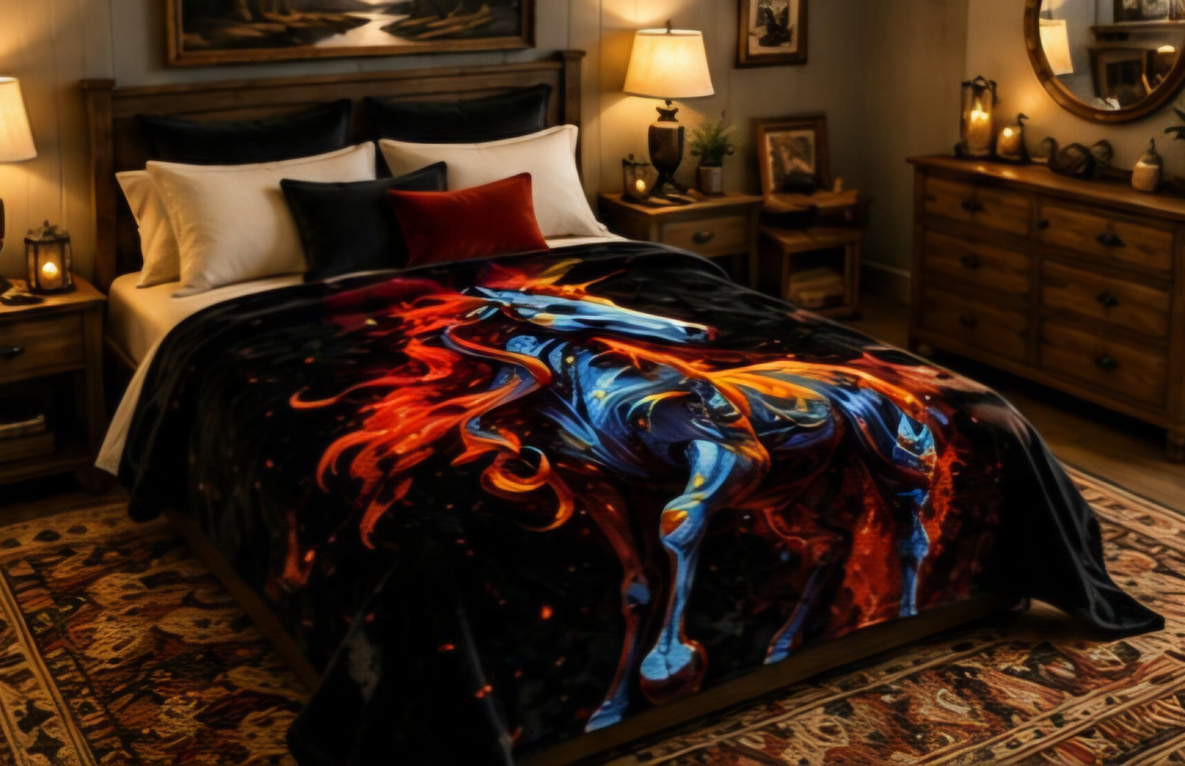 Midnight Fire Horse Luxury Plush Blanket