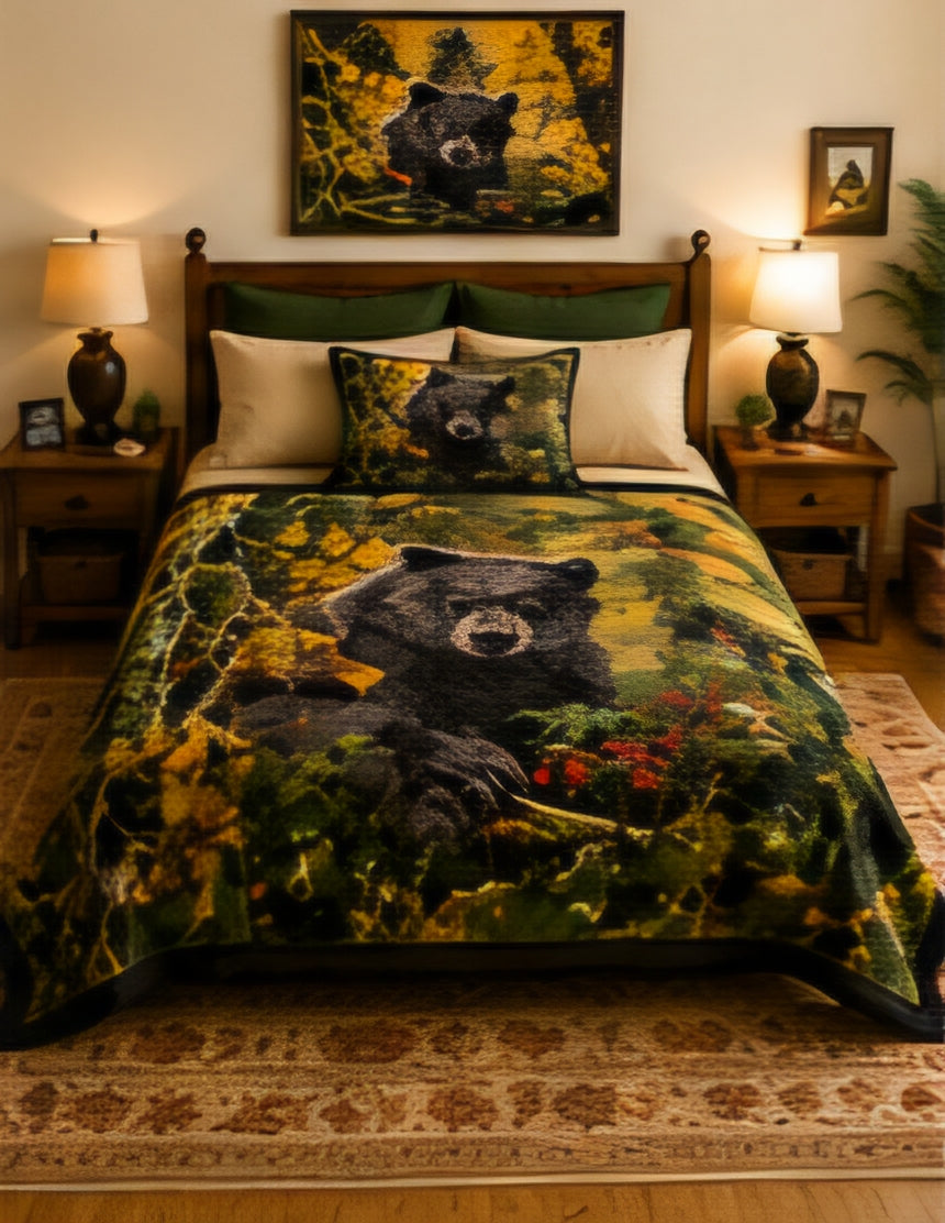Black Bear Forest Wildlife Luxury Plush Blanket – Rustic Woodland Nature Bedding
