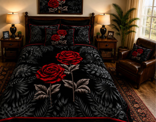 Black & Red Rose Floral Luxury Plush Blanket – Elegant Gothic Botanical Bedding
