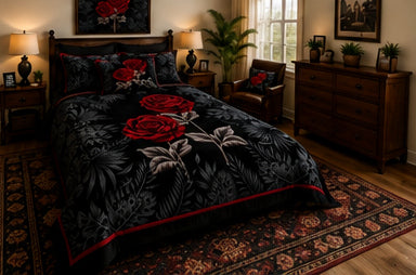 Black & Red Rose Floral Luxury Plush Blanket – Elegant Gothic Botanical Bedding