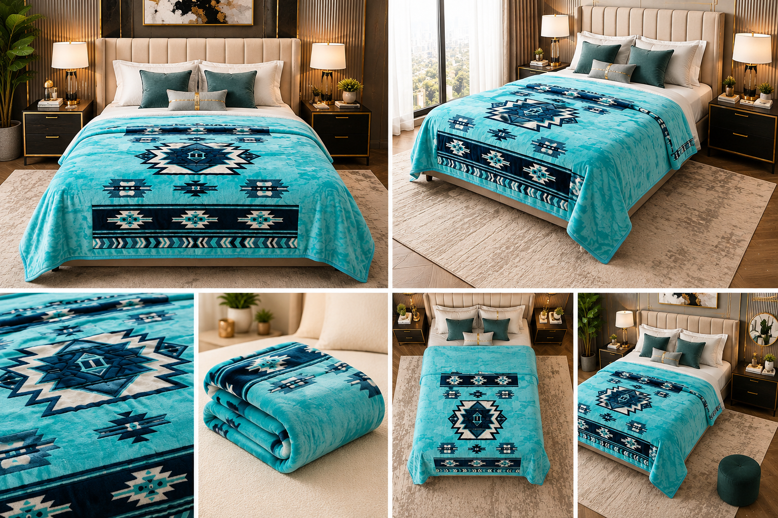 Turquoise Southwestern Geometric Luxury Plush Blanket