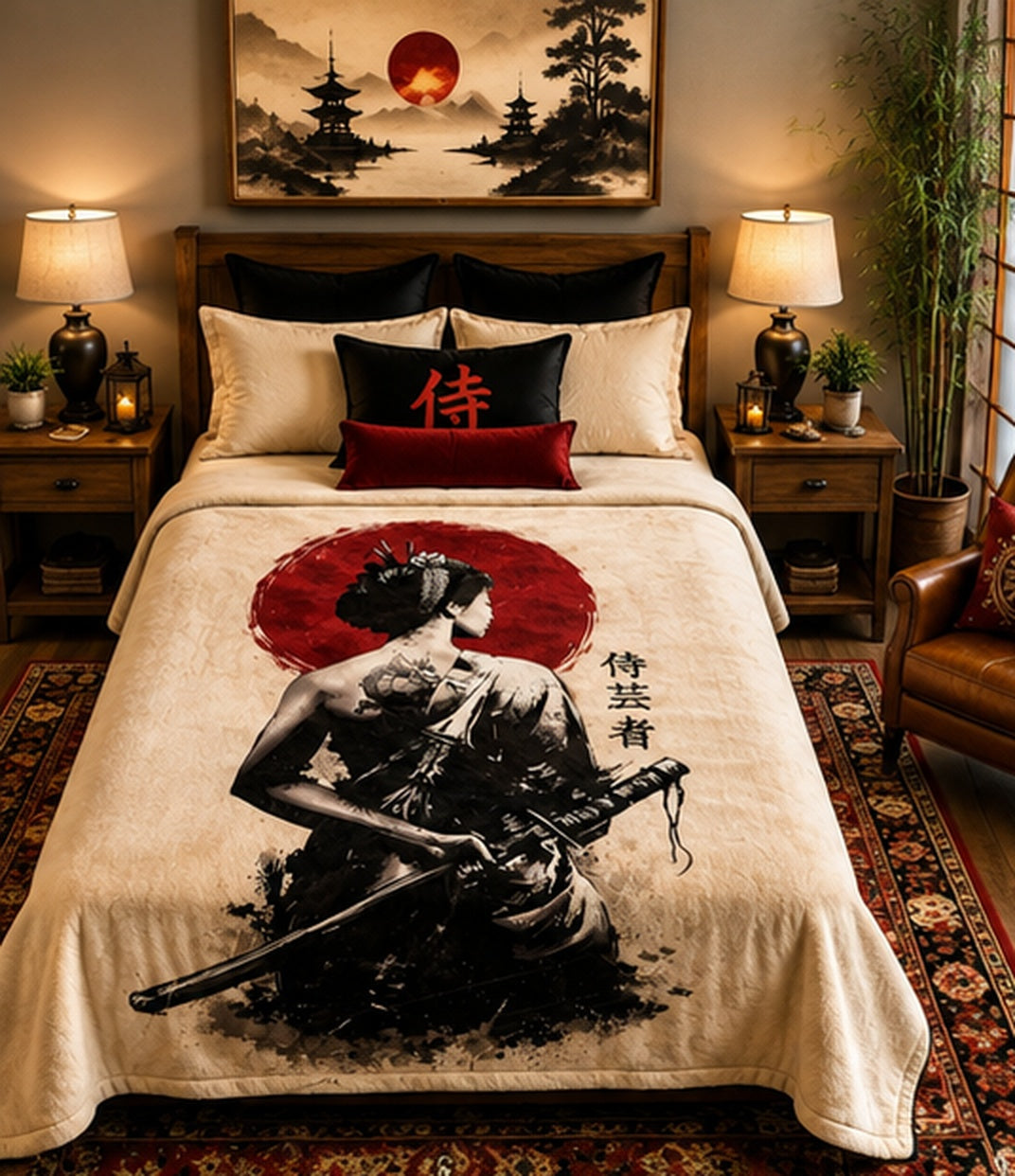 Japanese Samurai Red Sun Luxury Plush Blanket