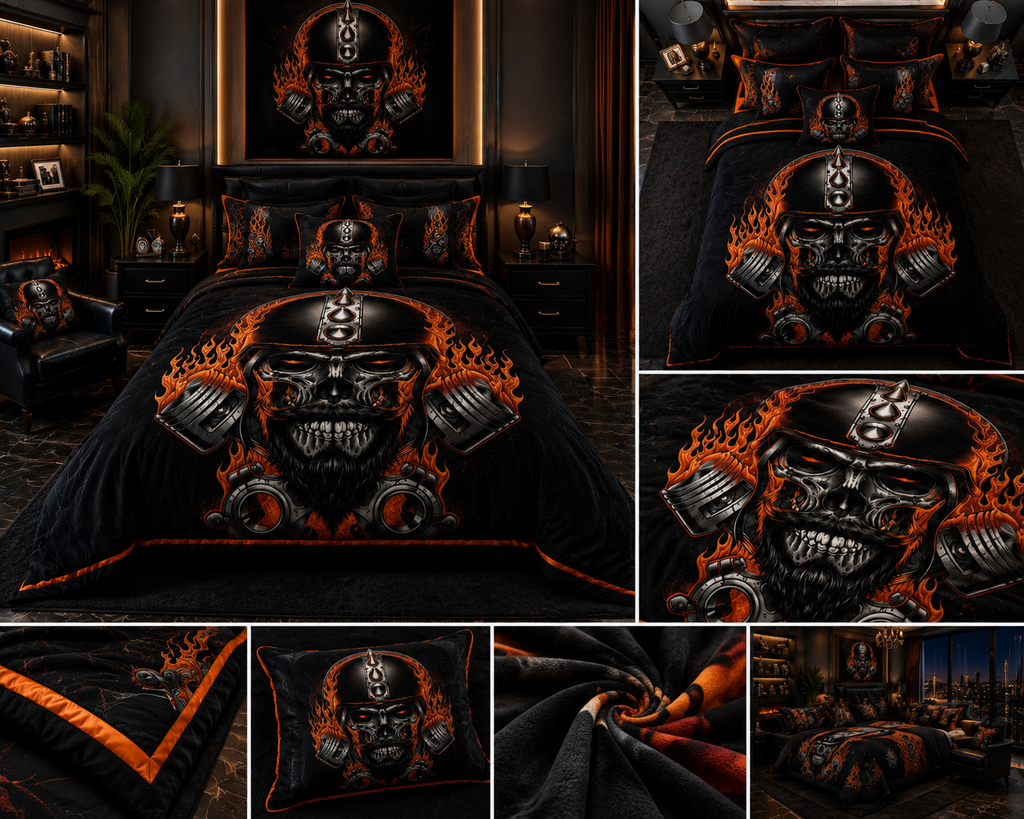 Black & Orange Flaming Biker Skull Luxury Plush Blanket – Motorcycle Engine Gothic Bedding