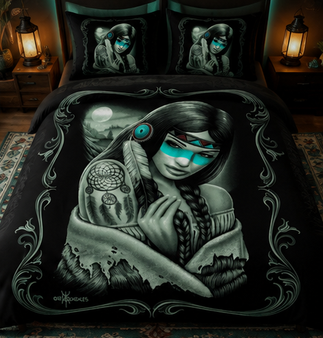 Mystic Dreamcatcher Woman Comforter Set – Black & Turquoise Spiritual Art Bedding