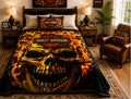 Flaming Biker Skull Motorcycle Luxury Plush Blanket – Black & Orange Design