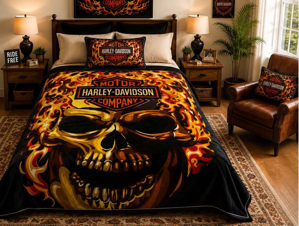 Flaming Biker Skull Motorcycle Luxury Plush Blanket – Black & Orange Design