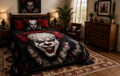 Dark Red & Black Horror Clown Luxury Plush Blanket – Gothic Scary Character Bedding
