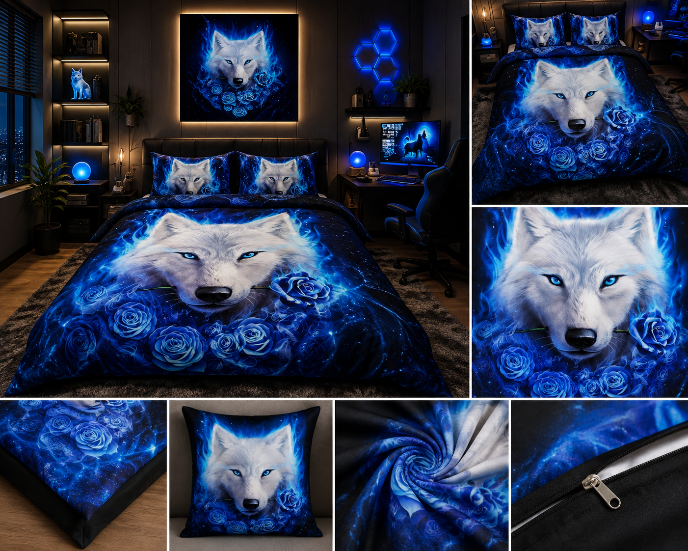 Mystic Blue Wolf & Roses Comforter Set – Fantasy Galaxy Luxury Bedding