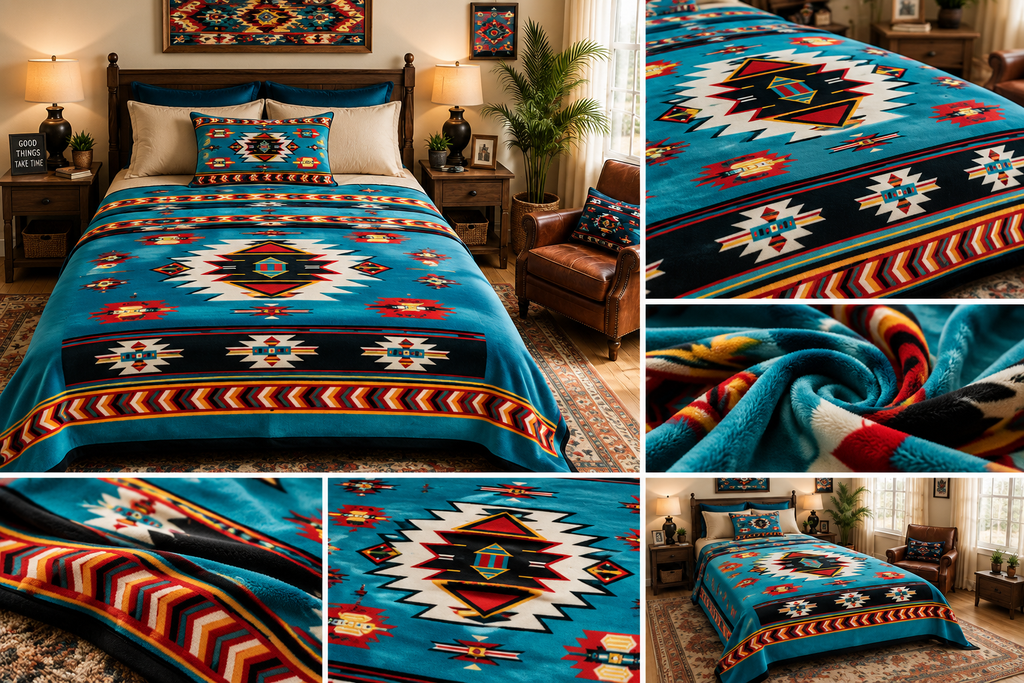 Turquoise Southwestern Geometric Luxury Plush Blanket – Colorful Tribal-Inspired Bedding