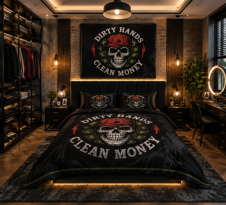 Dirty Hands Clean Money Skull Luxury Plush Blanket – Black Red & Green Urban Gothic Bedding