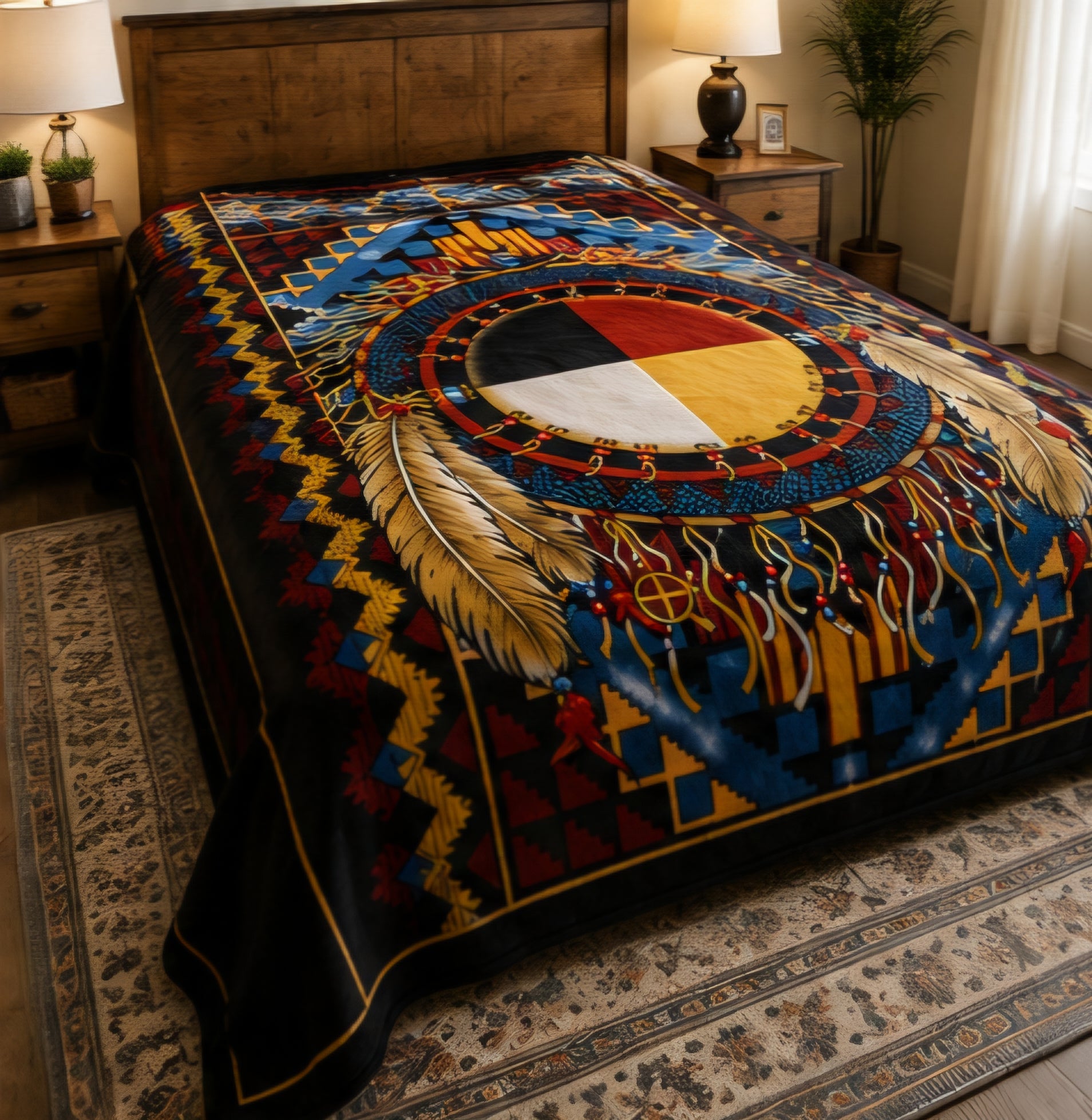 Native-Inspired Medicine Wheel & Feather Luxury Plush Blanket