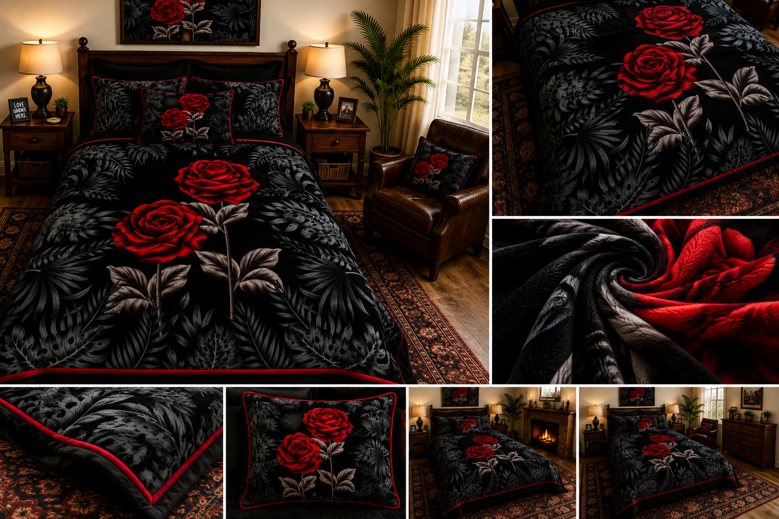 Black & Red Rose Floral Luxury Plush Blanket – Elegant Gothic Botanical Bedding