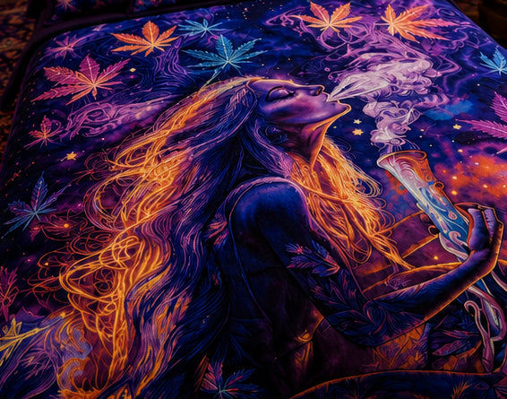 Purple Cosmic Fantasy Cannabis Leaf Luxury Plush Blanket – Psychedelic Woman Art Bedding