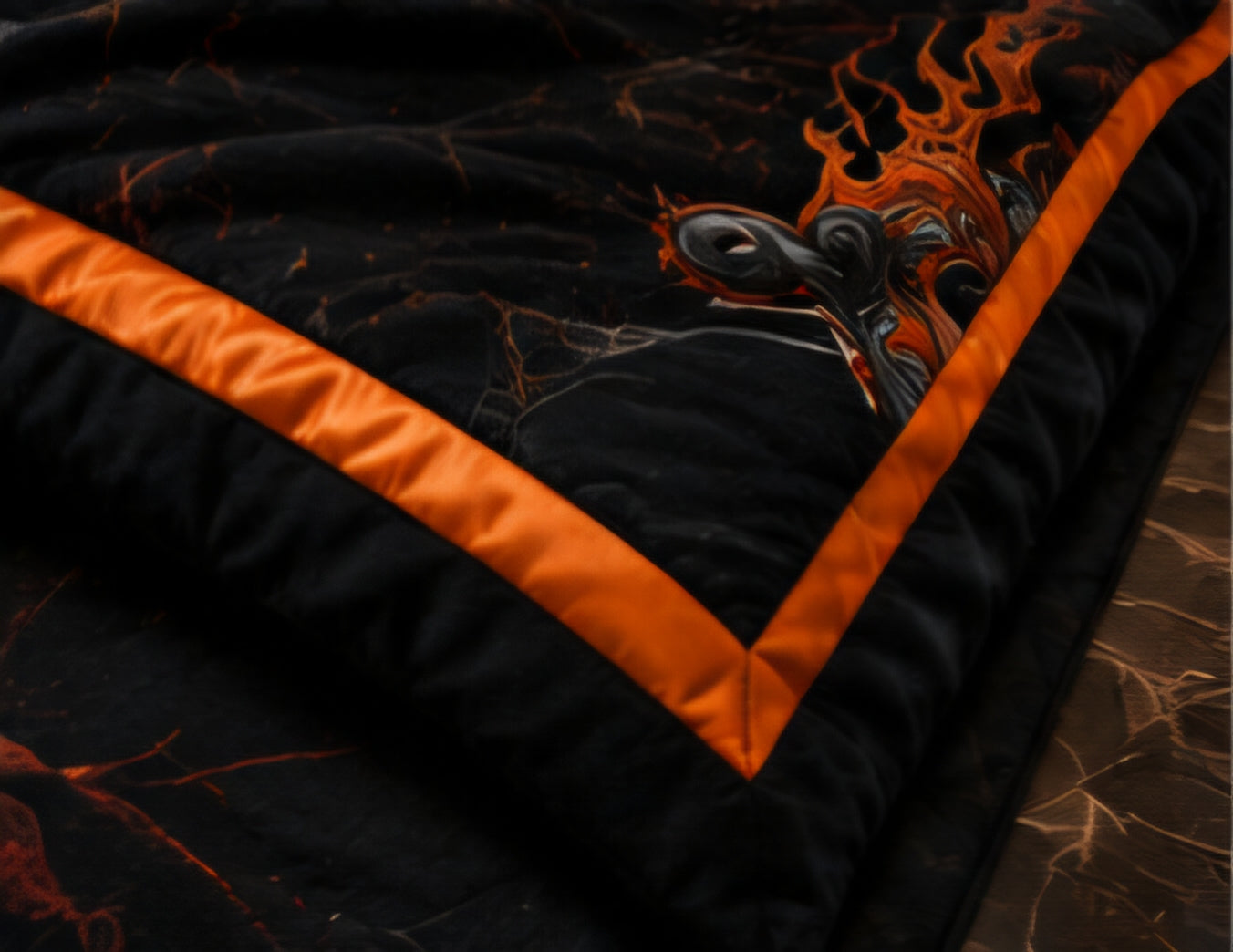Black & Orange Flaming Biker Skull Luxury Plush Blanket – Motorcycle Engine Gothic Bedding