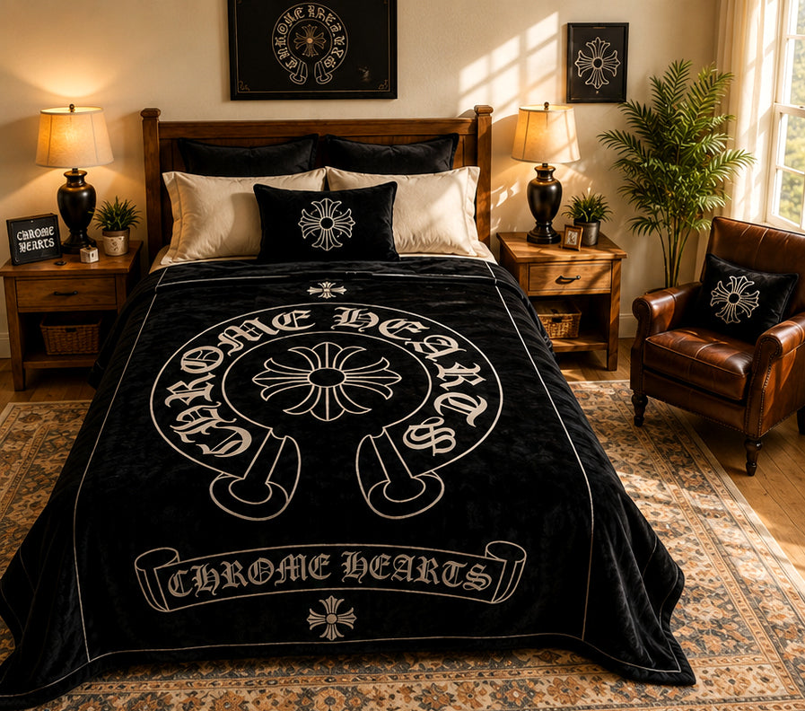 Black Gothic Cross Luxury Plush Blanket – Chrome Hearts Inspired Design