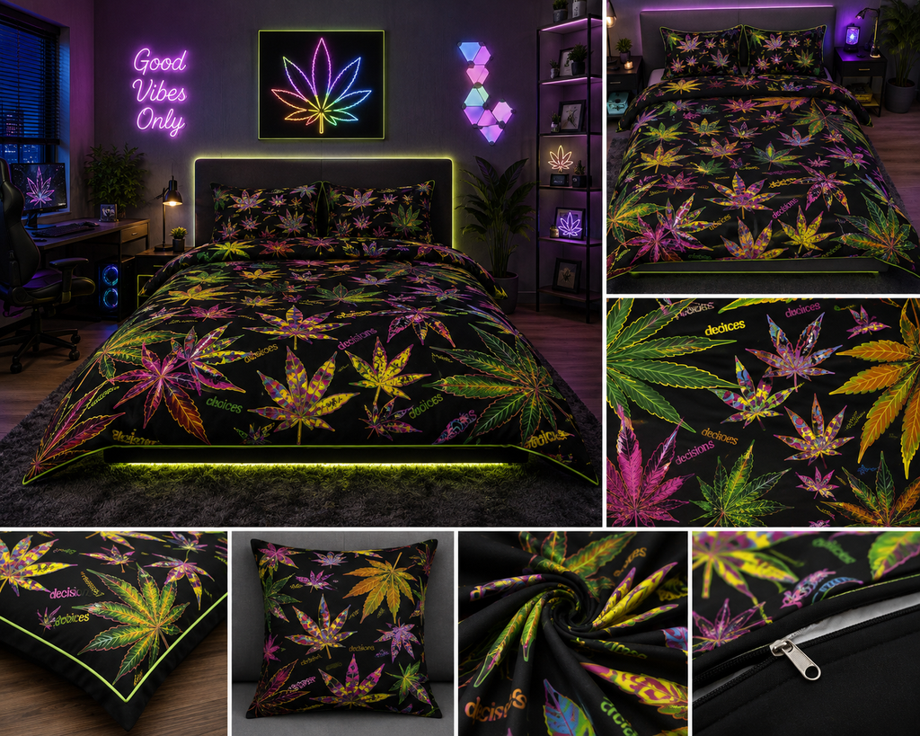 Neon Cannabis Leaf Comforter Set – Colorful Black Psychedelic Bedding