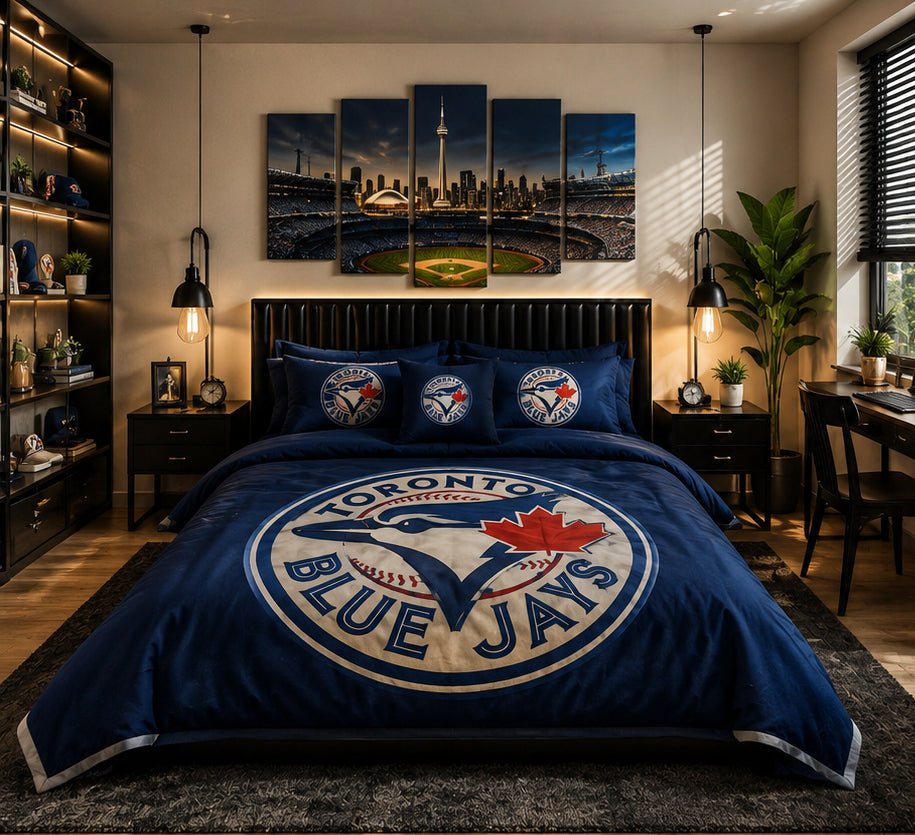 Toronto Blue Jays Inspired Navy Blue Luxury Plush Blanket – Baseball Fan Bedroom Bedding