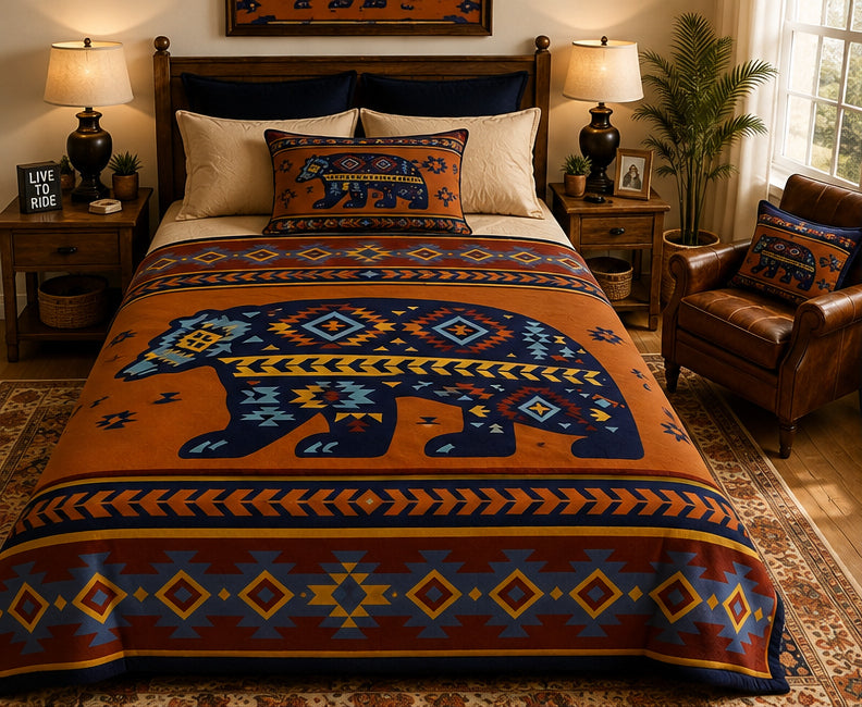 Southwestern Bear Geometric Luxury Plush Blanket – Rustic Tribal-Inspired Design