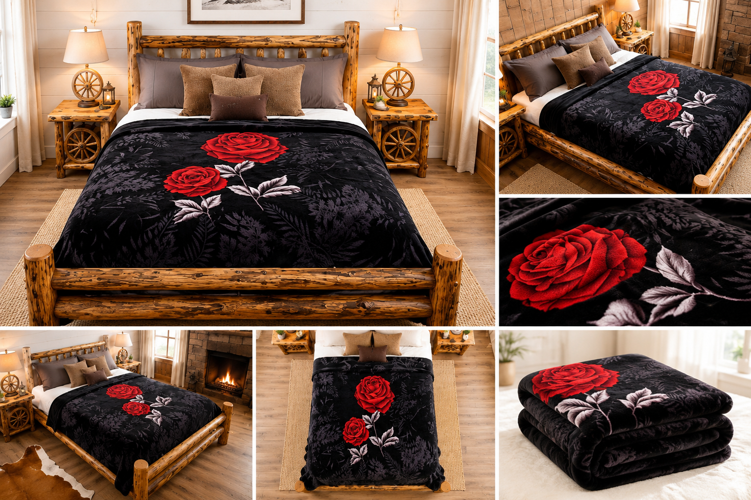 Black & Red Rose Floral Luxury Plush Blanket