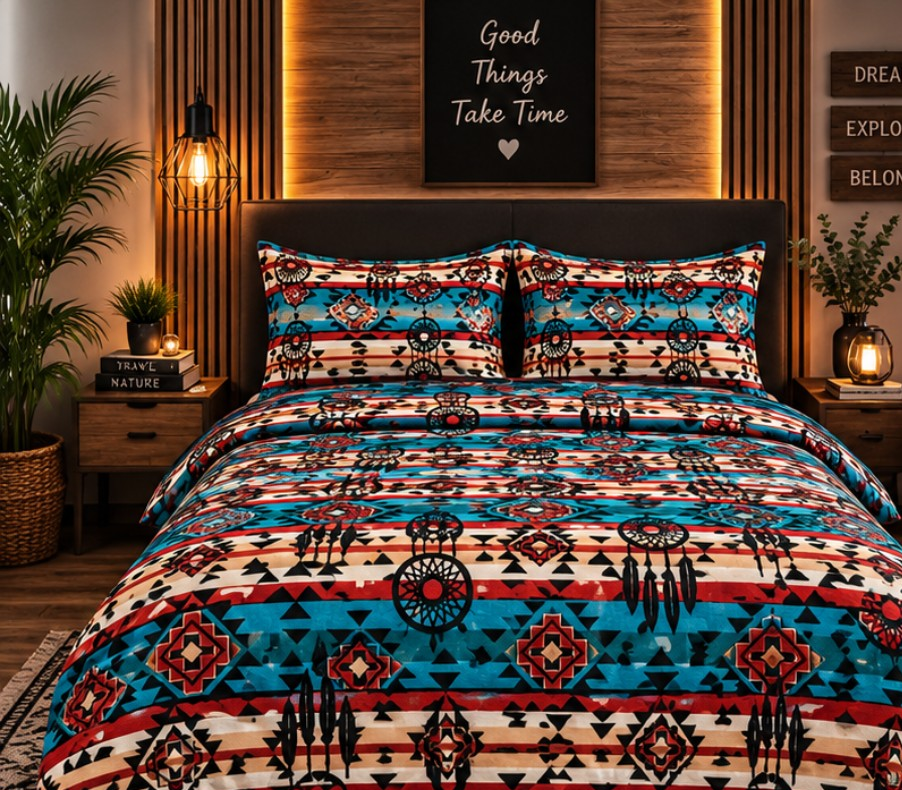 Southwestern Dreamcatcher Comforter Set – Boho Tribal Turquoise & Red Bedding