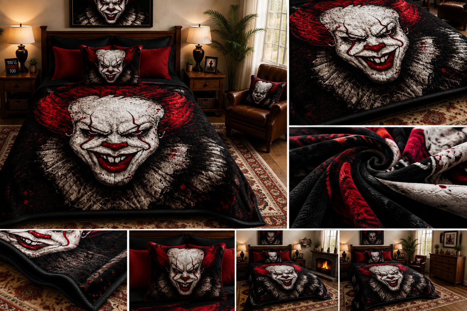 Dark Red & Black Horror Clown Luxury Plush Blanket – Gothic Scary Character Bedding