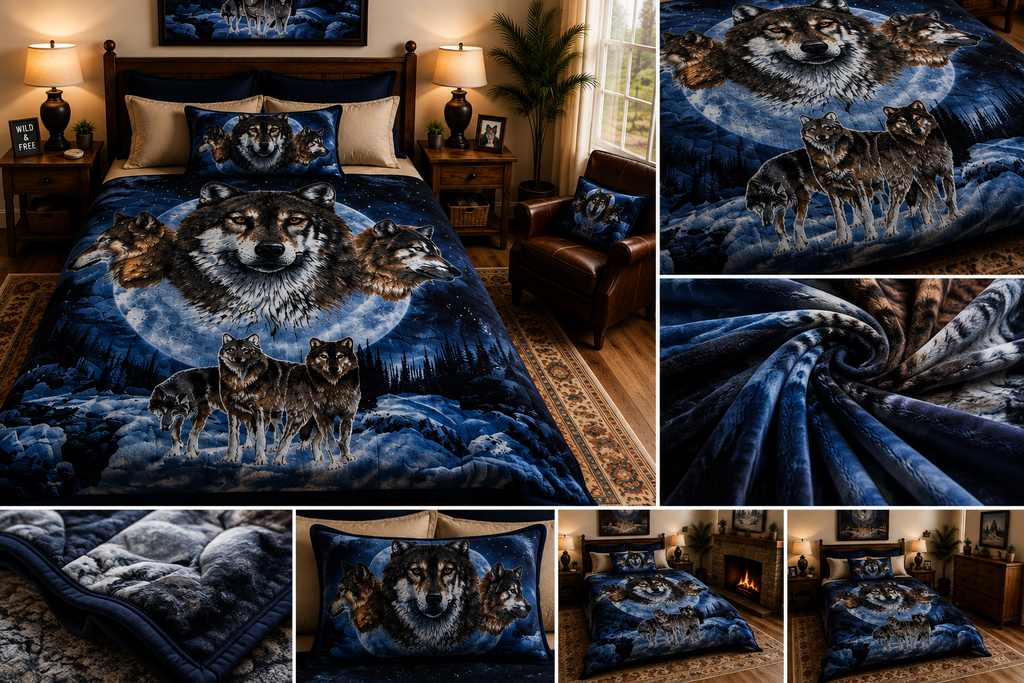 Majestic Wolf Pack Full Moon Luxury Plush Blanket – Blue Night Wildlife Bedding