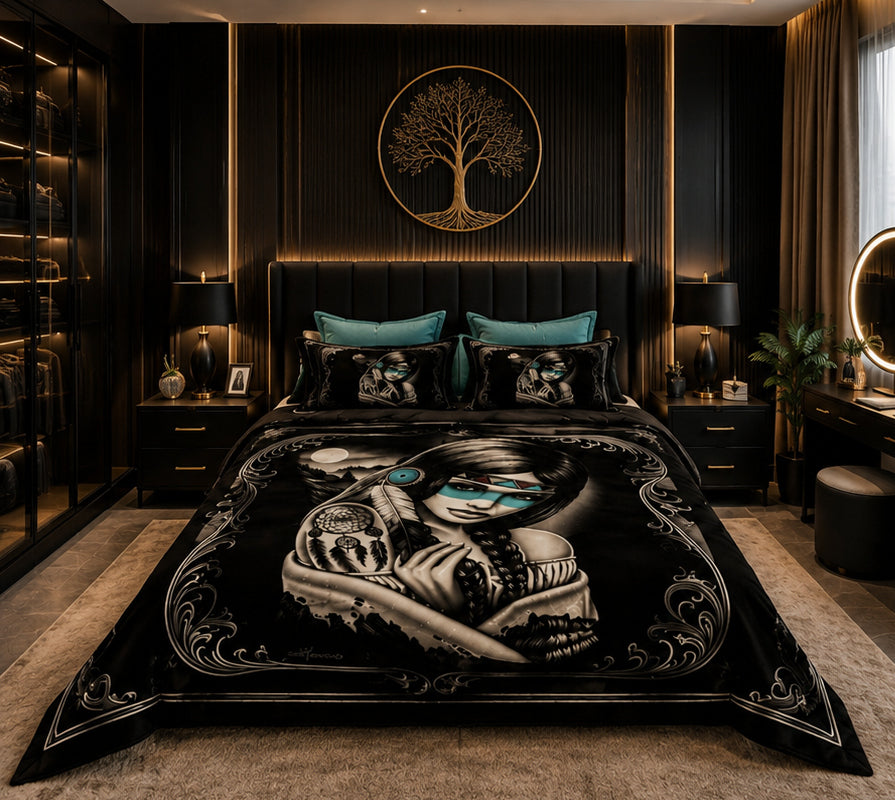 Turquoise Native-Inspired Woman Dreamcatcher Luxury Plush Blanket – Black Western Fantasy Bedding