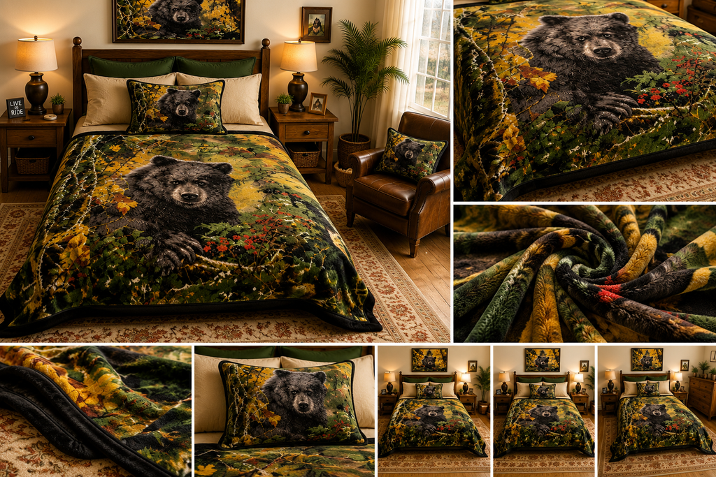 Black Bear Forest Wildlife Luxury Plush Blanket – Rustic Woodland Nature Bedding